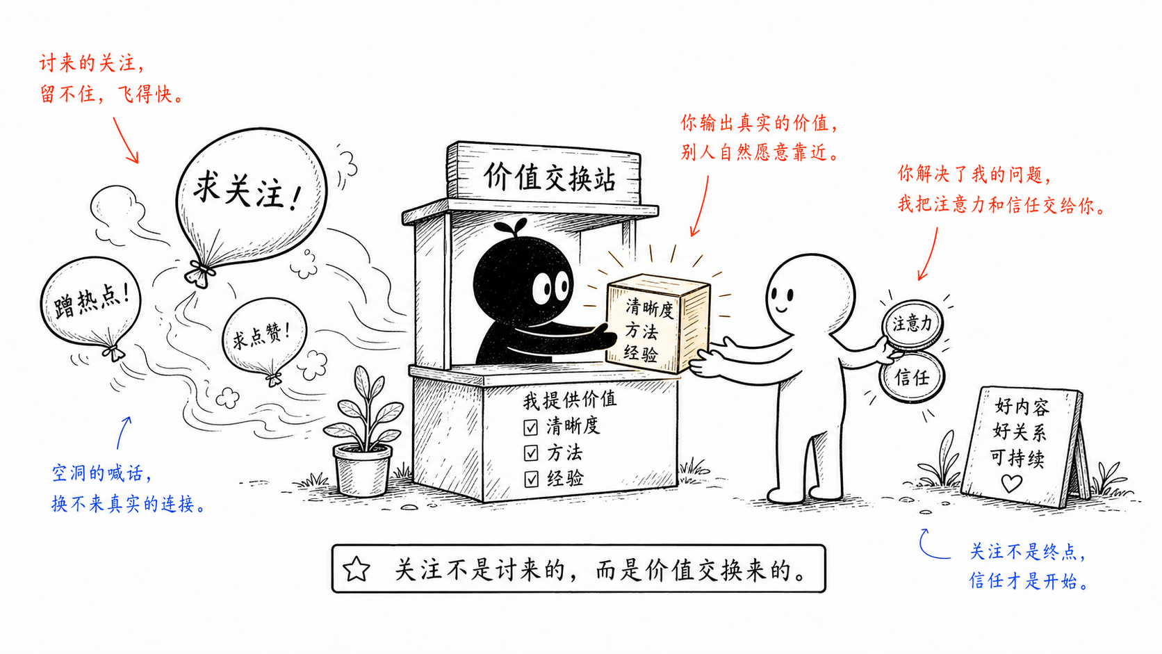 关注不是讨来的,而是价值交换来的。